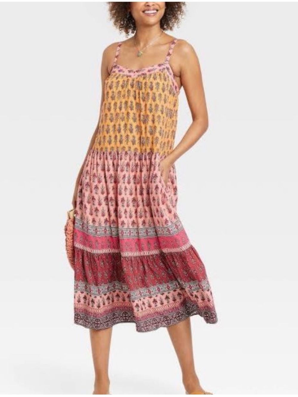Know Rose Bohemian Tiered Midi Dress in Pink & Mustard